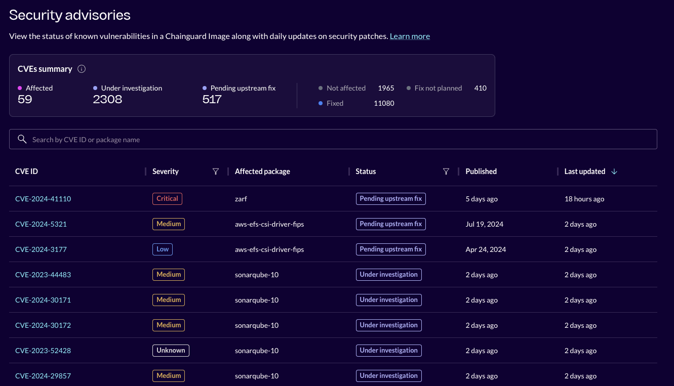 Snapshot of the Chainguard Security Advisories Page